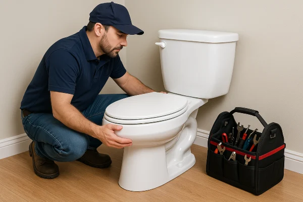 a plumber checking a toilet in Richardson, TX - Commercial Plumbing Services