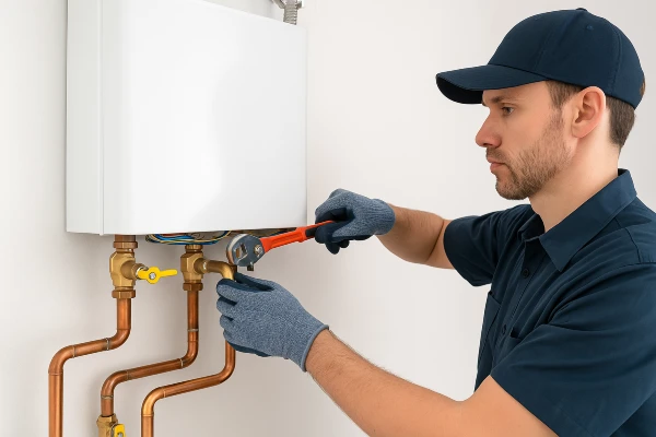 a plumber working on a tankless water heater in Richardson, TX - Commercial Plumbing Services
