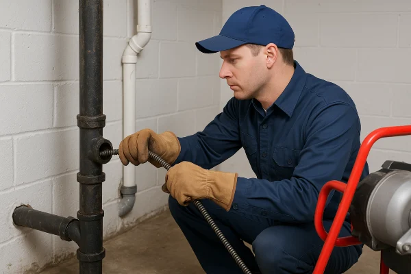 a plumber using a snake to clear a plumbing pipe in Richardson, TX - Commercial Plumbing Services