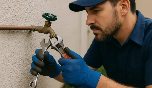 a male plumber fixing an outdoor faucet in Richardson, TX - PRV Valve Replacement a male plumber fixing an outdoor faucet in Richardson, TX - PRV Valve Replacement