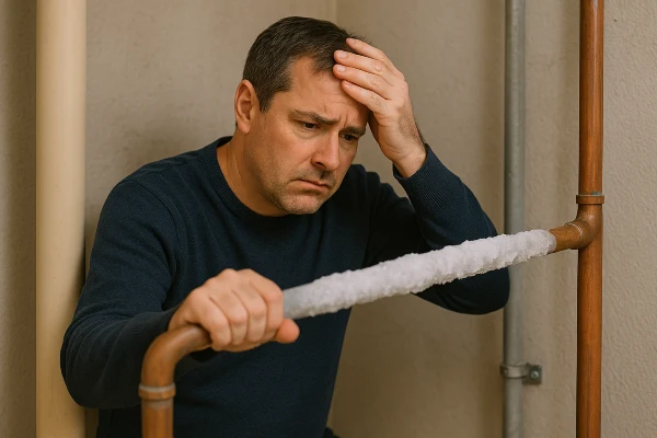 a worried plumber looking at a frozen pipe in Richardson, TX - PRV Valve Replacement a worried plumber looking at a frozen pipe in Richardson, TX - PRV Valve Replacement