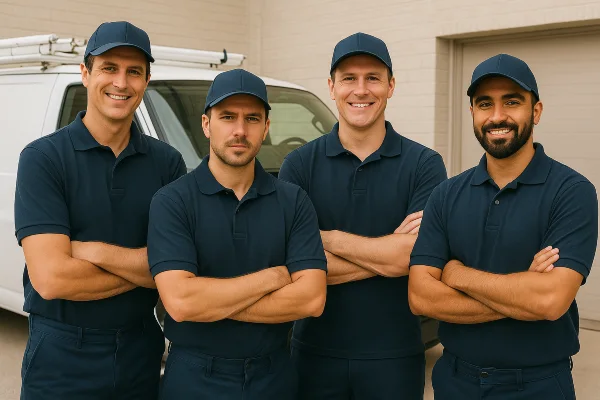4 plumbing technicians posing for the camera in Richardson, TX - PRV Valve Replacement 4 plumbing technicians posing for the camera in Richardson, TX - PRV Valve Replacement