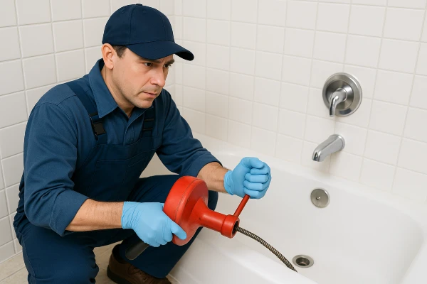a plumber running a snake to clear a bathtub drain in Richardson, TX - PRV Valve Replacement a plumber running a snake to clear a bathtub drain in Richardson, TX - PRV Valve Replacement