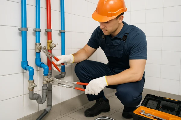 a plumber working on commercial pipe connections in Richardson, TX - PRV Valve Replacement a plumber working on commercial pipe connections in Richardson, TX - PRV Valve Replacement