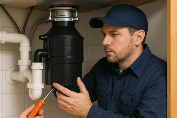 a technician working on a garbage disposal in Richardson, TX - Residential Plumbing Services a technician working on a garbage disposal in Richardson, TX - Residential Plumbing Services