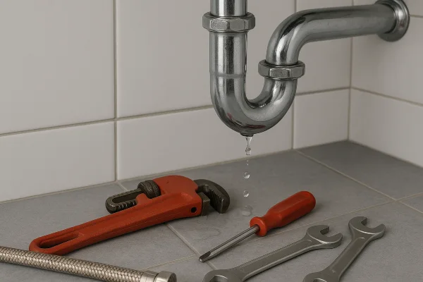a sink water leak and plumbing tools on the floor in Richardson, TX - Residential Plumbing Services a sink water leak and plumbing tools on the floor in Richardson, TX - Residential Plumbing Services