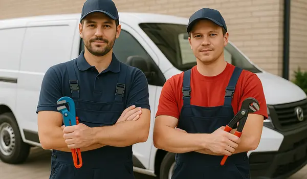 2 male plumbers looking at the camera in Richardson, TX - Water Softener Replacement 2 male plumbers looking at the camera in Richardson, TX - Water Softener Replacement