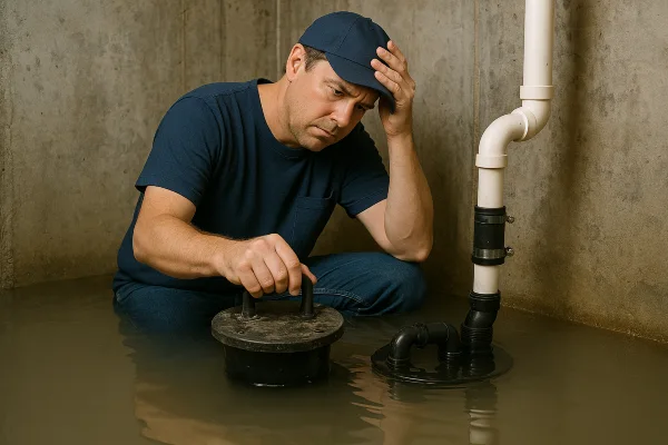a worried plumber in a flooded room in Richardson, TX - Water Softener Replacement a worried plumber in a flooded room in Richardson, TX - Water Softener Replacement