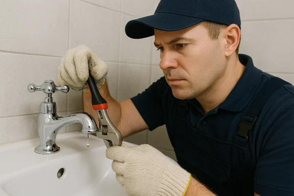 a plumbing technician using a tool to fix a water faucet in Richardson, TX - Water Softener Replacement a plumbing technician using a tool to fix a water faucet in Richardson, TX - Water Softener Replacement