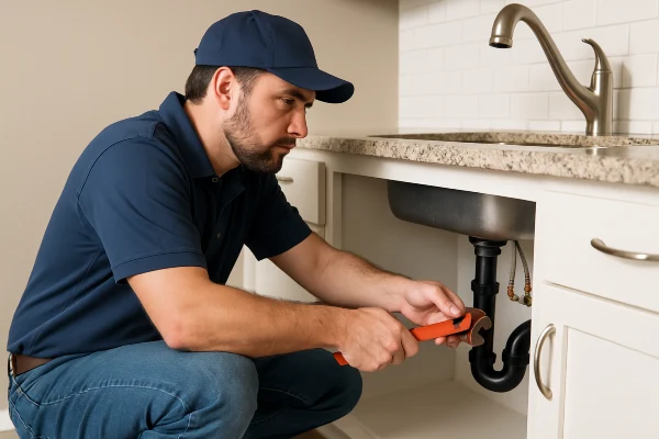 a male plumber checking a kitchen sink pipe connection in Richardson, TX - Water Softener Replacement a male plumber checking a kitchen sink pipe connection in Richardson, TX - Water Softener Replacement